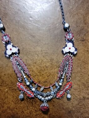 Ayala Bar Handcrafted Red and Silver Floral Bead And Fabric Statement Necklace